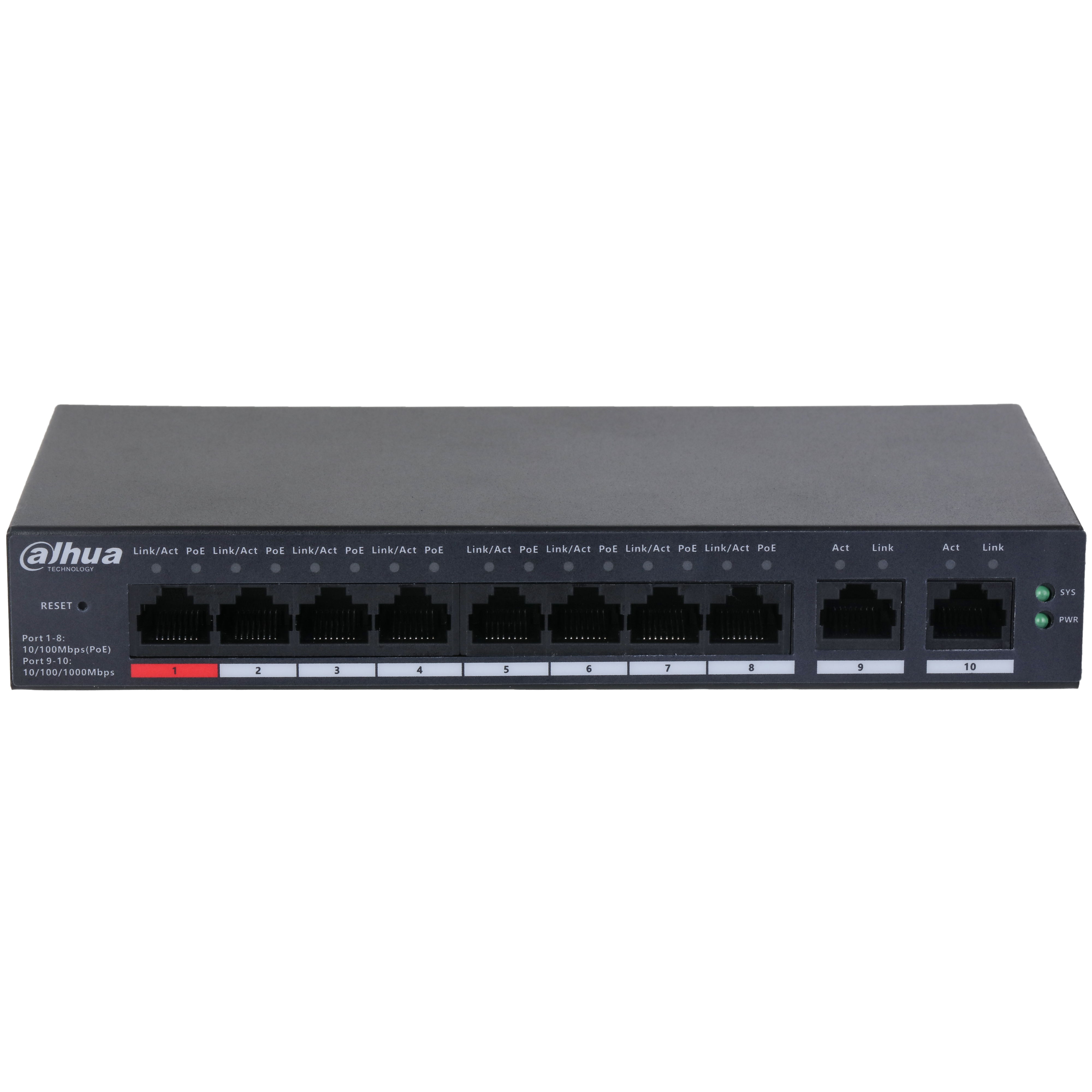 Dahua DH-CS4010-8ET-110 – 10-Poorts Cloud Managed PoE Switch met 8× PoE en 2× Uplink