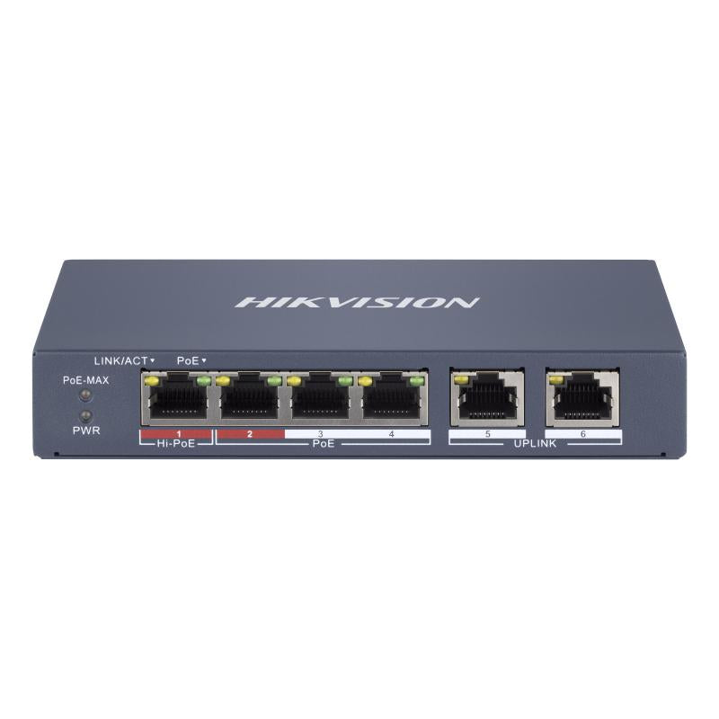 HIK DS-3E1106HP-EI – 4-Poorts Smart Managed Long Range PoE Switch, 4× 10/100 Mbps PoE, 2× 10/100 Mbps Uplink, 60W PoE Budget, HiPoE Ondersteuning