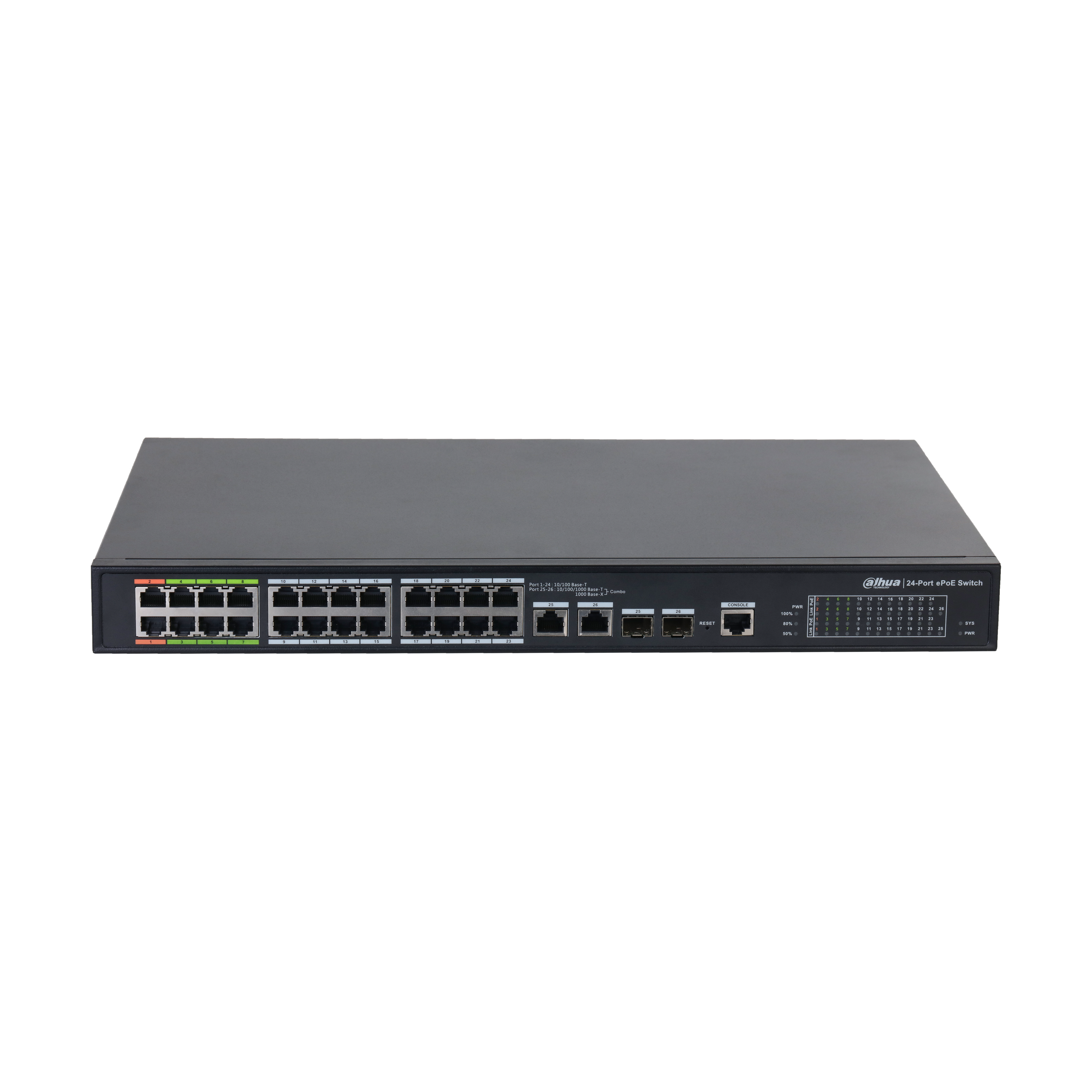 Dahua DH-LR2226-24ET-360-V2 – 24-Poorts Web Managed ePoE Switch (360W, langeafstandspoE)